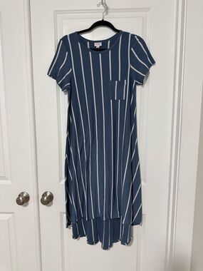 LuLaRoe Dusty Blue and White Vertical Stripe dress
